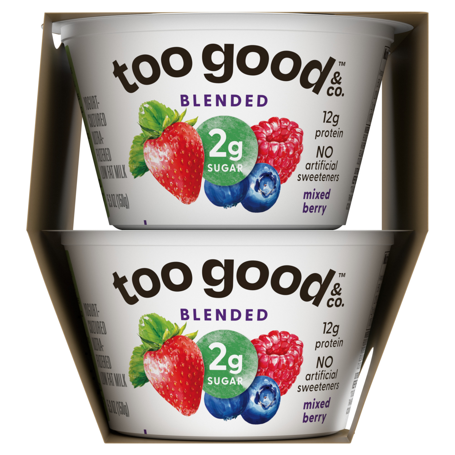 slide 4 of 5, Too Good & Co. Mixed Berry Flavored Lower Sugar, Low Fat Greek Yogurt Cultured Product, 4 Count, 5.3 OZ Cups, 4 ct