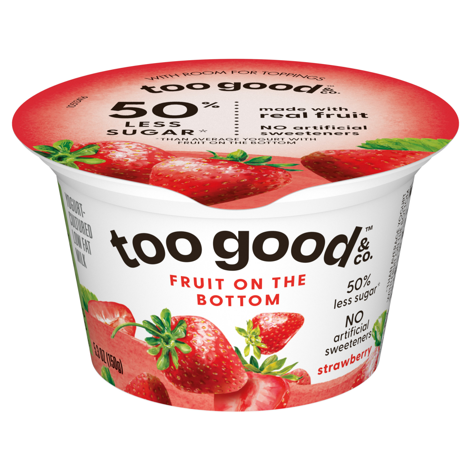 slide 2 of 5, Too Good & Co. Strawberry Yogurt-Cultured Low Fat Milk Product, Fruit On The Bottom, 5.3 OZ Cup, 5.3 oz