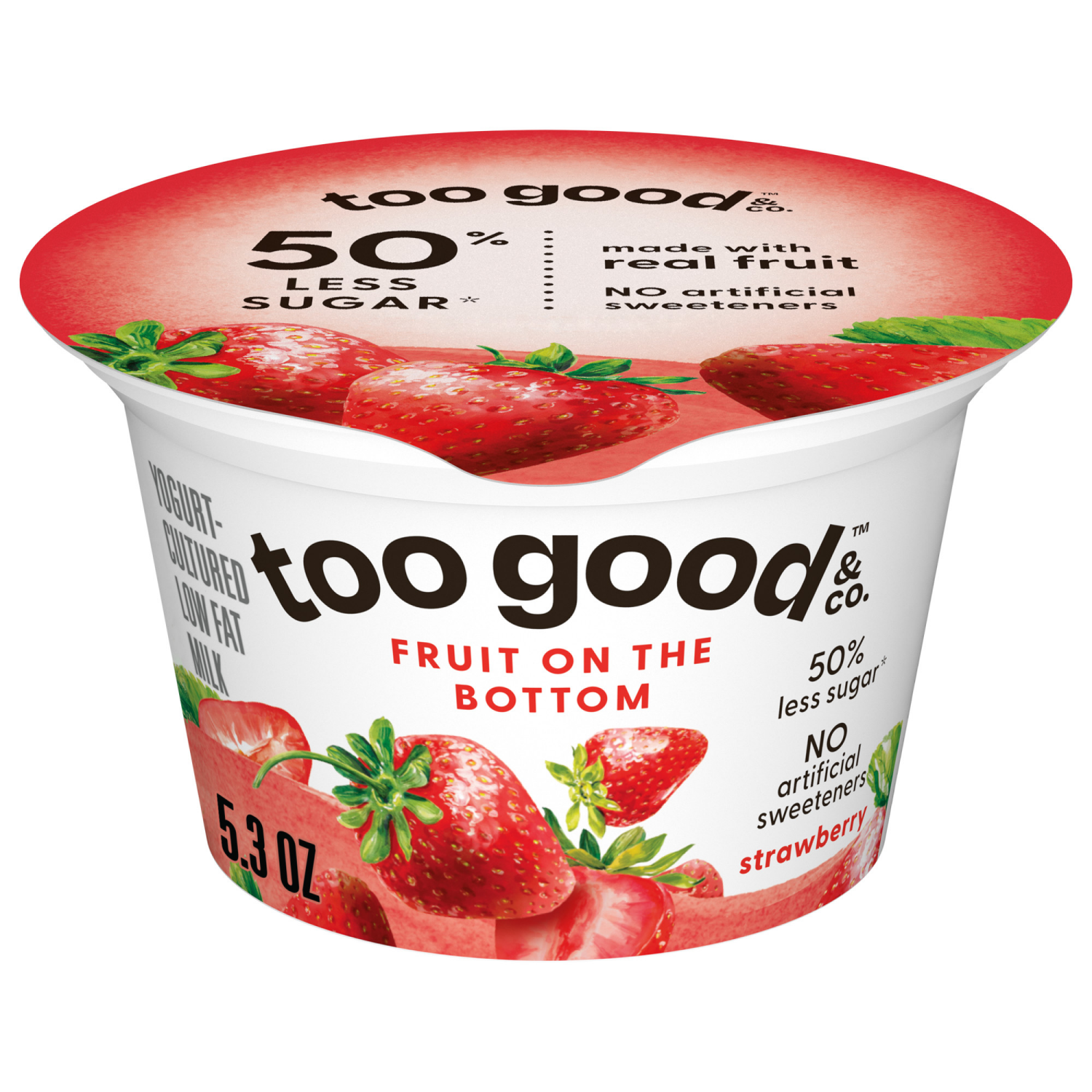 slide 1 of 5, Too Good & Co. Strawberry Yogurt-Cultured Low Fat Milk Product, Fruit On The Bottom, 5.3 OZ Cup, 5.3 oz