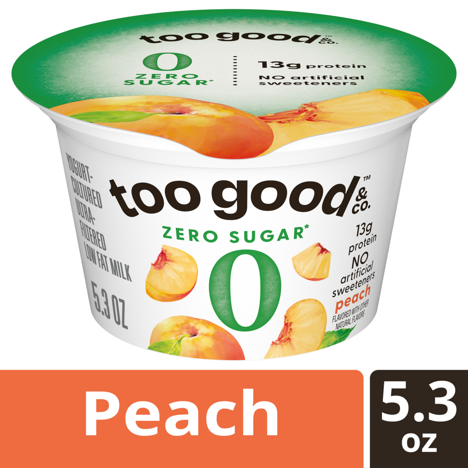 slide 3 of 5, Too Good & Co. Peach Flavored Zero Sugar* Low Fat Greek Yogurt Cultured Product, 5.3 OZ Cup, 5.3 oz