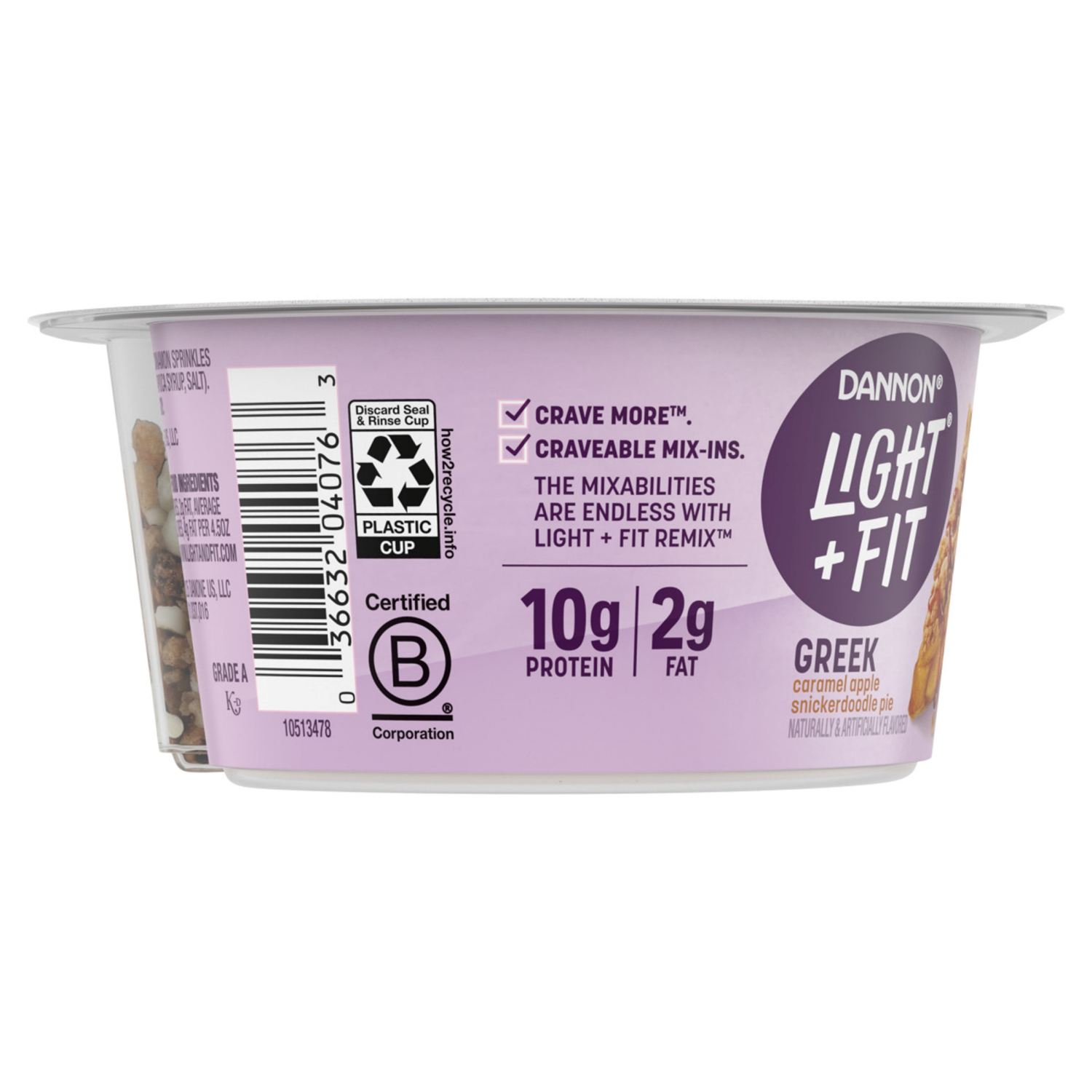 slide 3 of 6, Dannon Light + Fit Remix Caramel Apple Snickerdoodle Pie Fat Free Greek Yogurt with Snickerdoodle Pieces, White Fudge Chunks and Cinnamon Sprinkles Mix-Ins, 4.5 oz Yogurt Cup, 4.5 oz