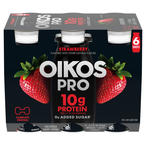 slide 19 of 29, Oikos Pro Shots Strawberry Dairy Drink, 10g of Protein, 0g Added Sugar, Convenient High Protein Snack, 6ct, 3.1 FL OZ Bottle, 3.10 fl oz