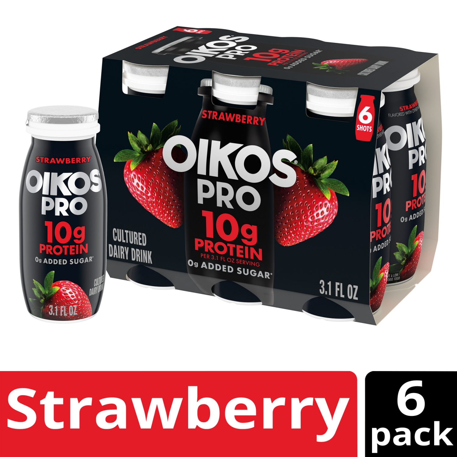 slide 4 of 8, Oikos Pro Shots Strawberry Dairy Drink, 10g of Protein, 0g Added Sugar, Convenient High Protein Snack, 6ct, 3.1 Fl Oz Bottle, 6 ct