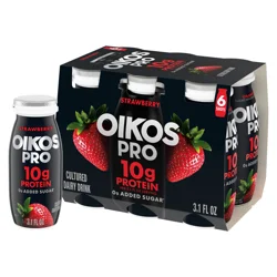 Oikos Pro Shots Strawberry Dairy Drink, 10g of Protein, 0g Added Sugar, Convenient High Protein Snack, 6ct, 3.1 Fl Oz Bottle
