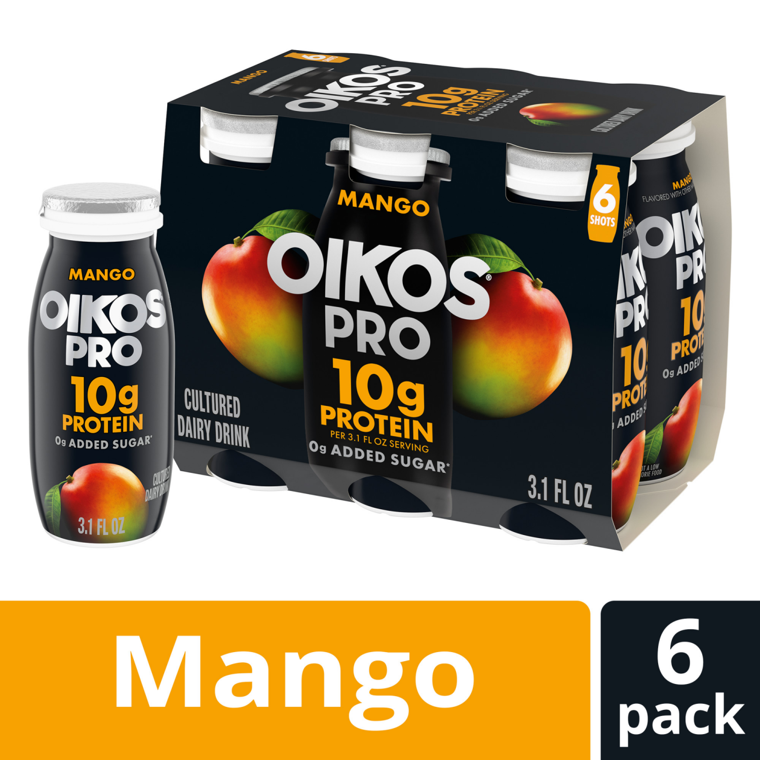 slide 3 of 8, Oikos Pro Mango Dairy Drink, 10g of Protein, 0g Added Sugar, Convenient High Protein Snack, 6ct, 3.1 Fl Oz Bottle, 6 ct; 3.10 fl. oz
