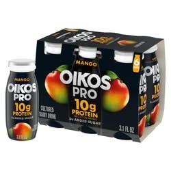 Oikos Pro Mango Dairy Drink, 10g of Protein, 0g Added Sugar, Convenient High Protein Snack, 6ct, 3.1 Fl Oz Bottle