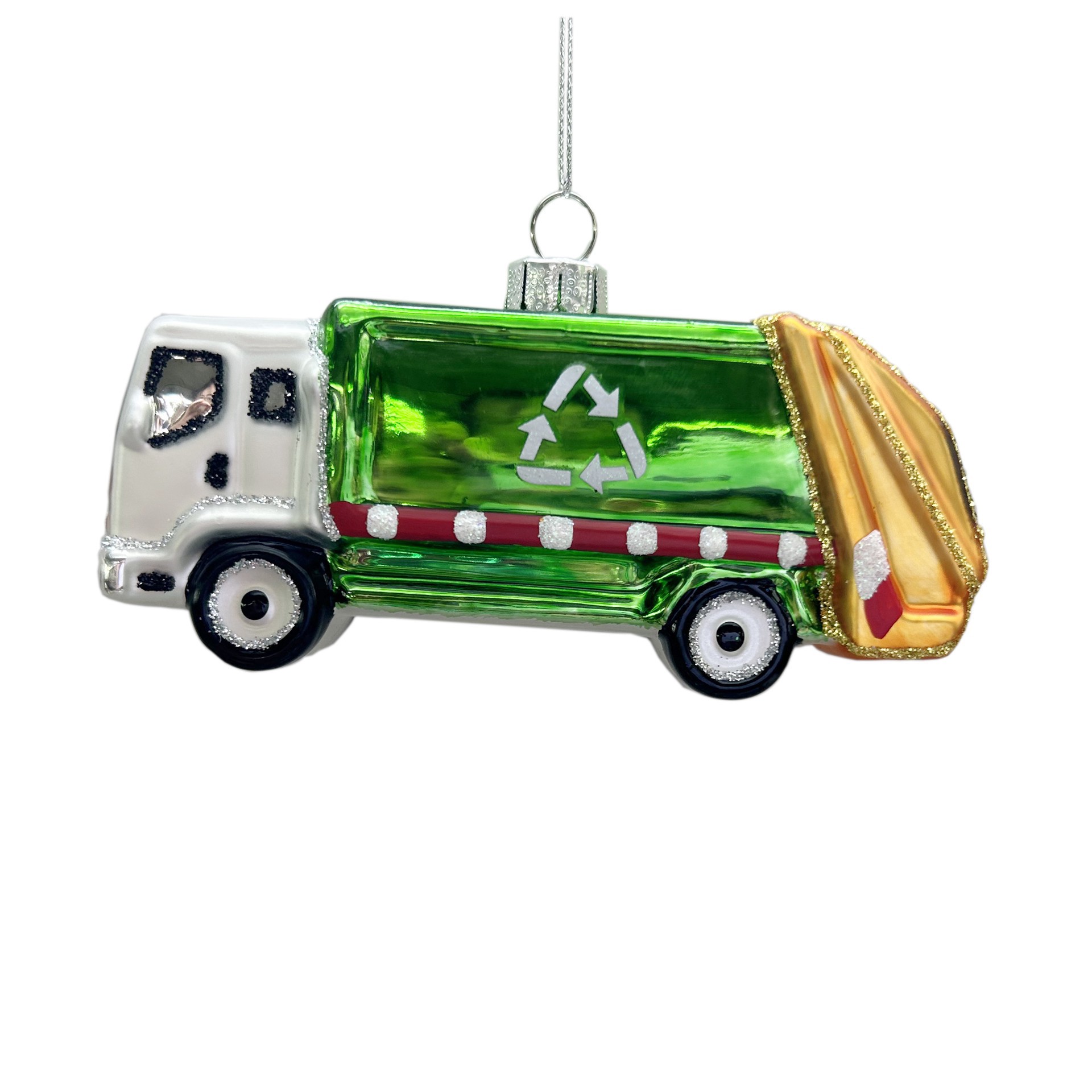 slide 2 of 2, 4.25" Garbage Truck Glass Ornament By Ashland, 4.25 in x 1.375 in x 2 in