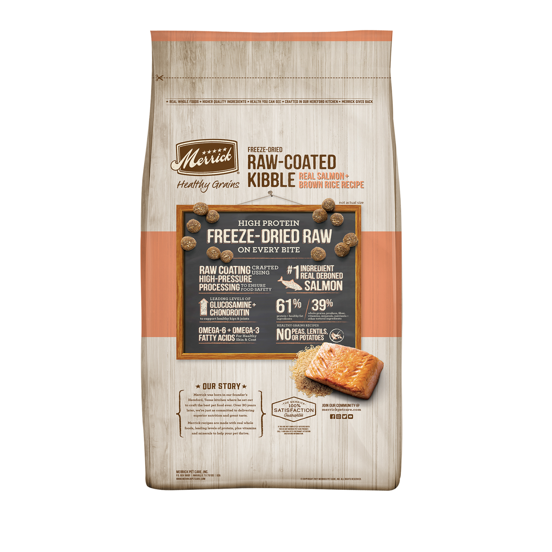 slide 5 of 6, Merrick® Raw-Coated Kibble Adult Dry Dog Food - Natural, Grains, Freeze Dried, Salmon & Brown Rice, 22 lb