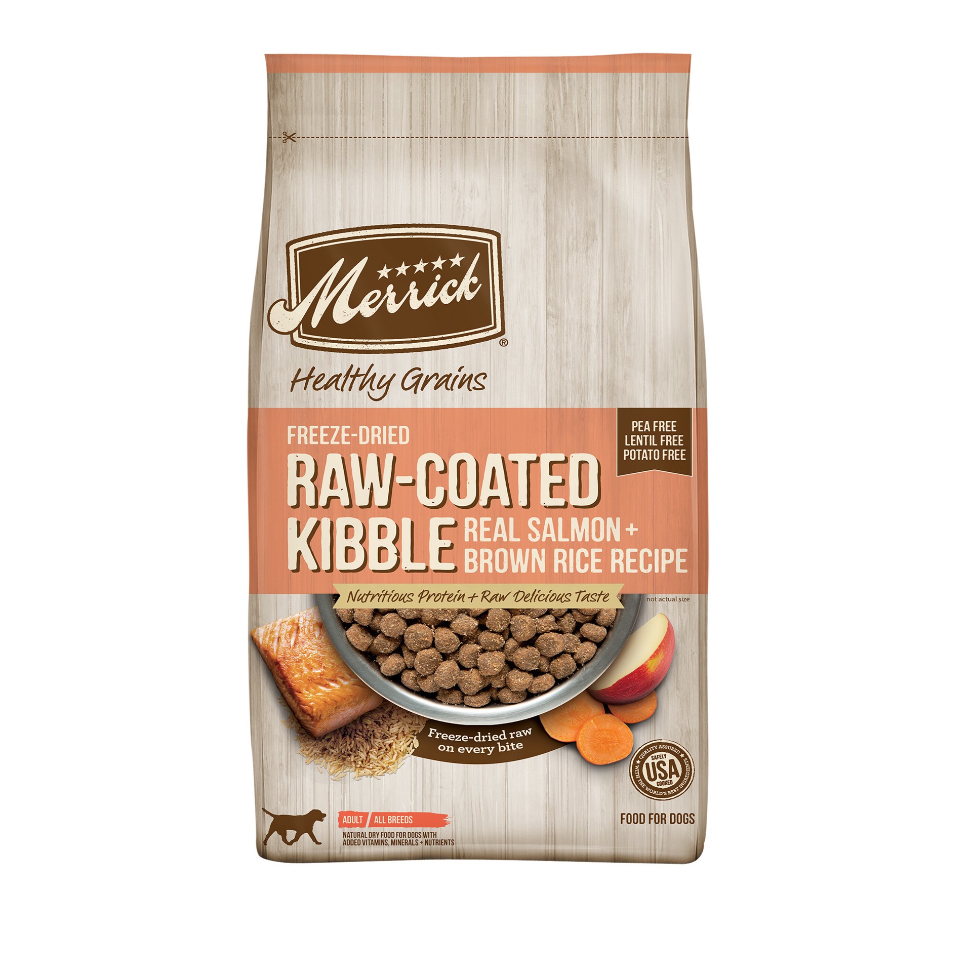 slide 4 of 6, Merrick® Raw-Coated Kibble Adult Dry Dog Food - Natural, Grains, Freeze Dried, Salmon & Brown Rice, 22 lb