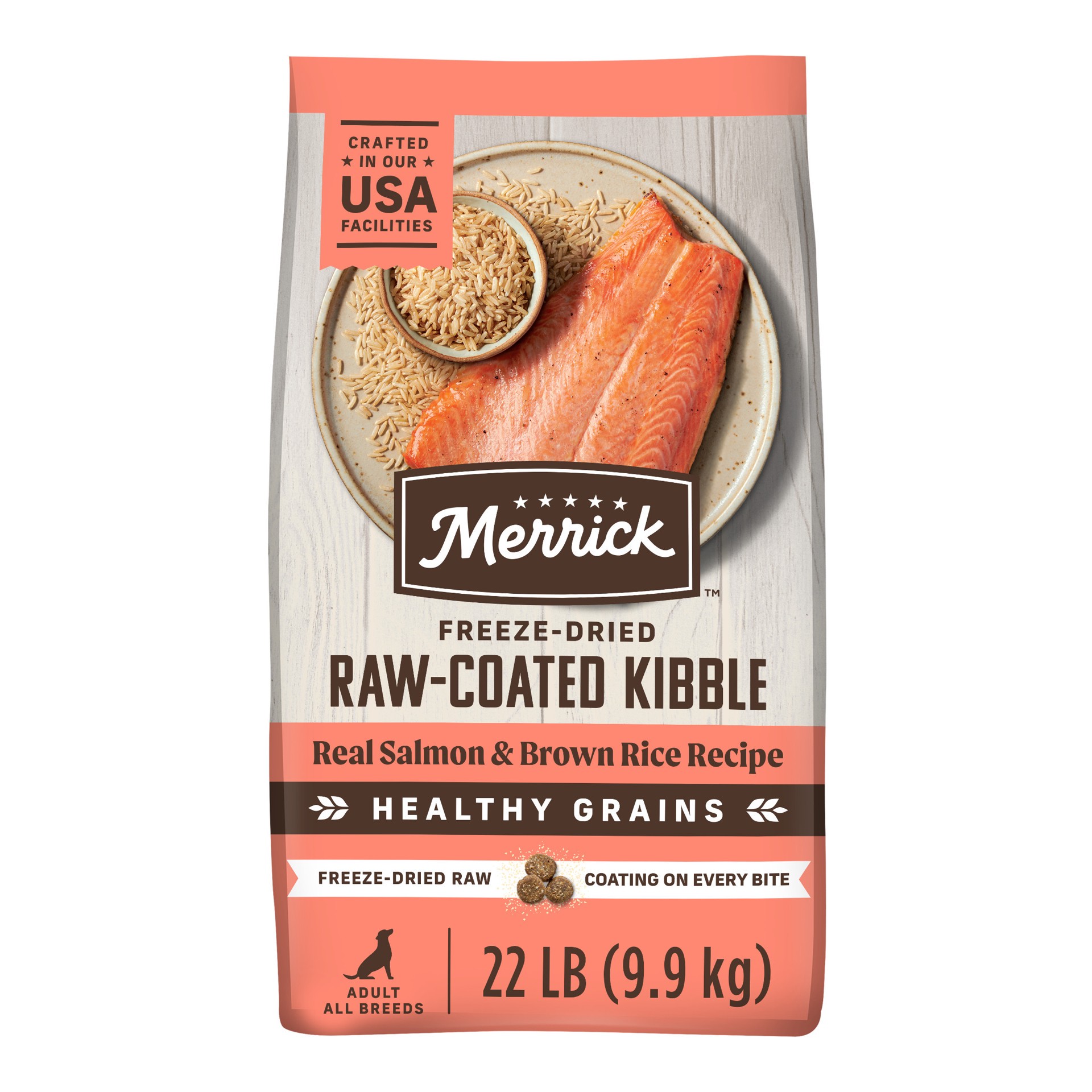 slide 1 of 6, Merrick® Raw-Coated Kibble Adult Dry Dog Food - Natural, Grains, Freeze Dried, Salmon & Brown Rice, 22 lb