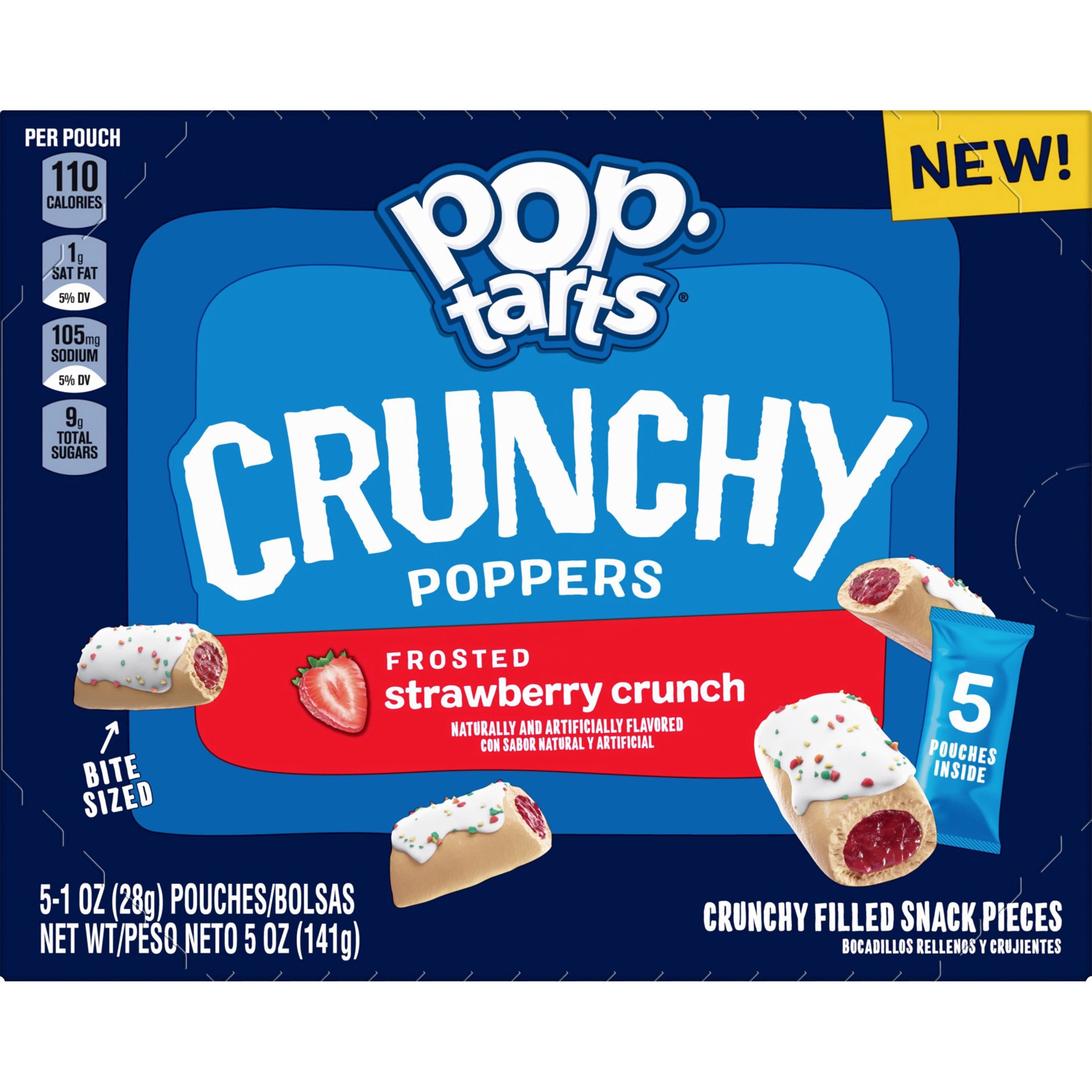 slide 1 of 1, Pop-Tarts Crunchy Poppers Crunchy Filled Snack Pieces, Kids Snacks, On-the-Go Snacks, Frosted Strawberry Crunch, 5oz Box, 5 Pouches, 5 oz