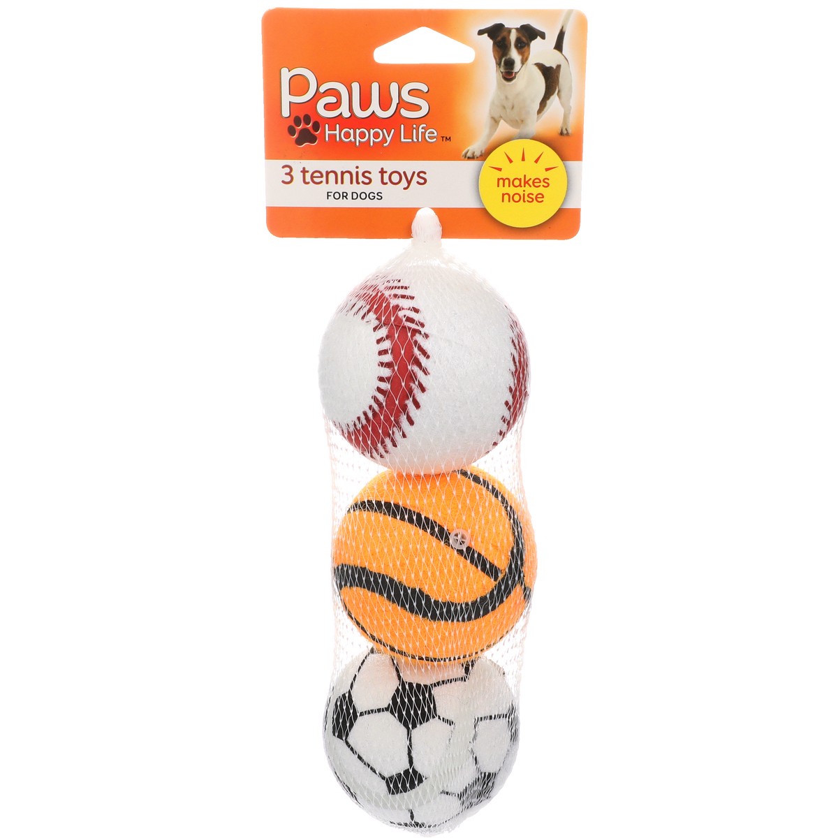 slide 1 of 8, Paws Happy Life Dog Toy, 3 Tennis Toys, 3 ct