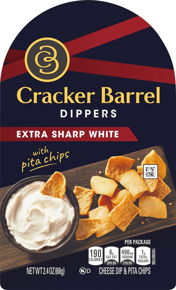 slide 2 of 13, Cracker Barrel Dippers Extra Sharp White Cheddar & Pita Chips, Individually Sealed Single-Serve Snack 2.4 oz. Tray, 2.4 oz