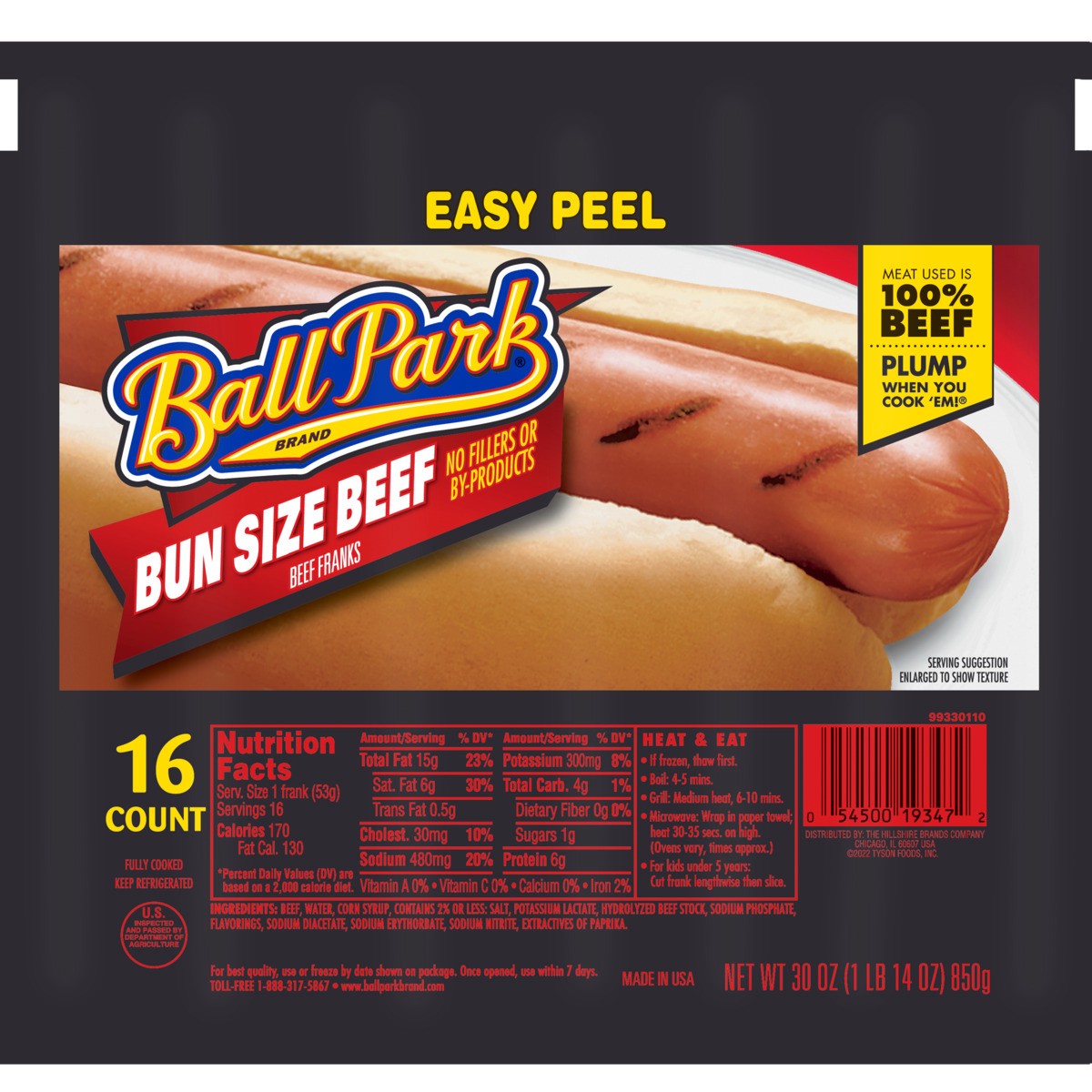slide 4 of 4, Ball Park® Beef Hot Dogs, Bun Size Length, 16 Count, 16 ct