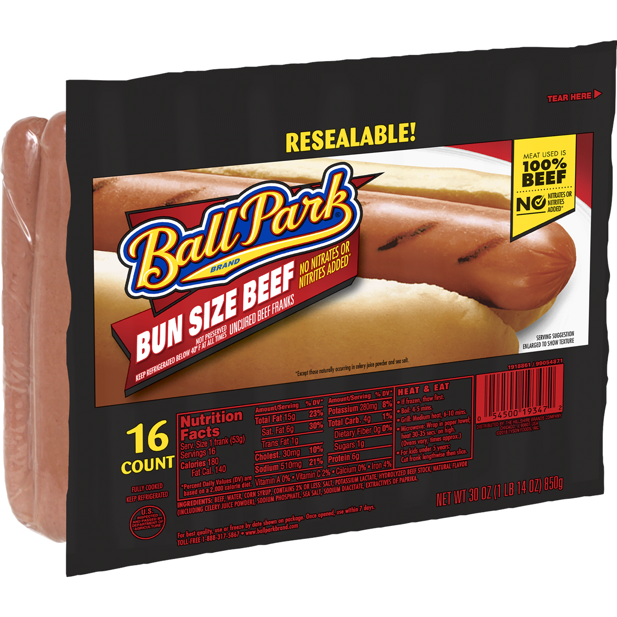 slide 1 of 5, Ball Park Bun Size Beef Hotdog Bulk, 16 ct; 30 oz