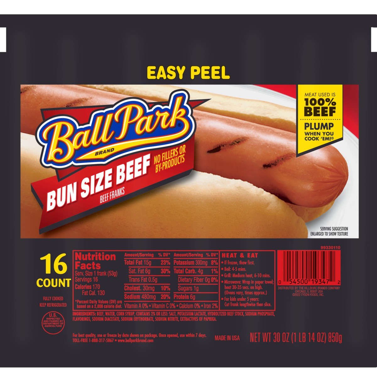 slide 1 of 4, Ball Park Bun Size Beef Hotdog Bulk, 16 ct; 30 oz