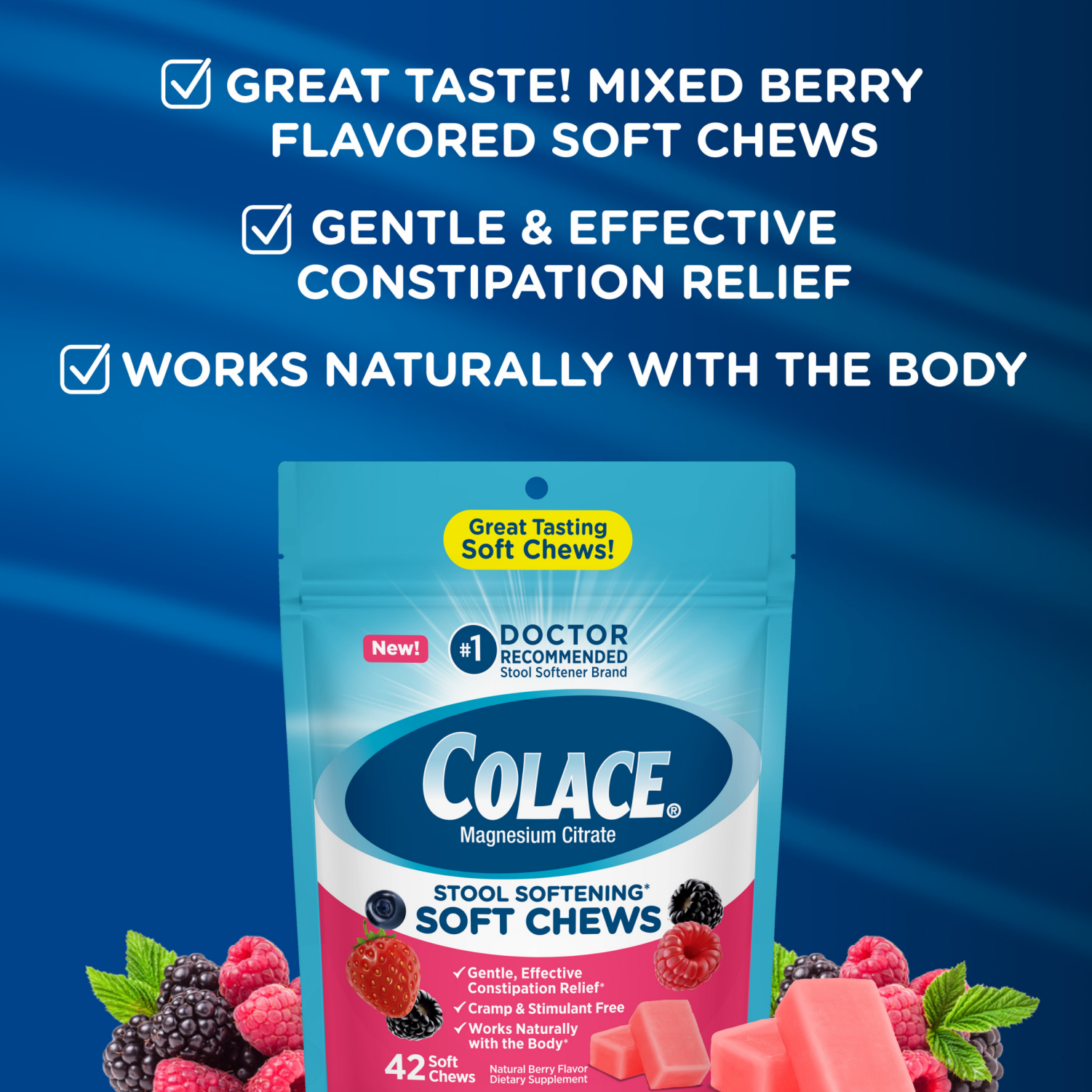 slide 5 of 6, Colace Stool Softening Soft Chews Berry, 42 ct