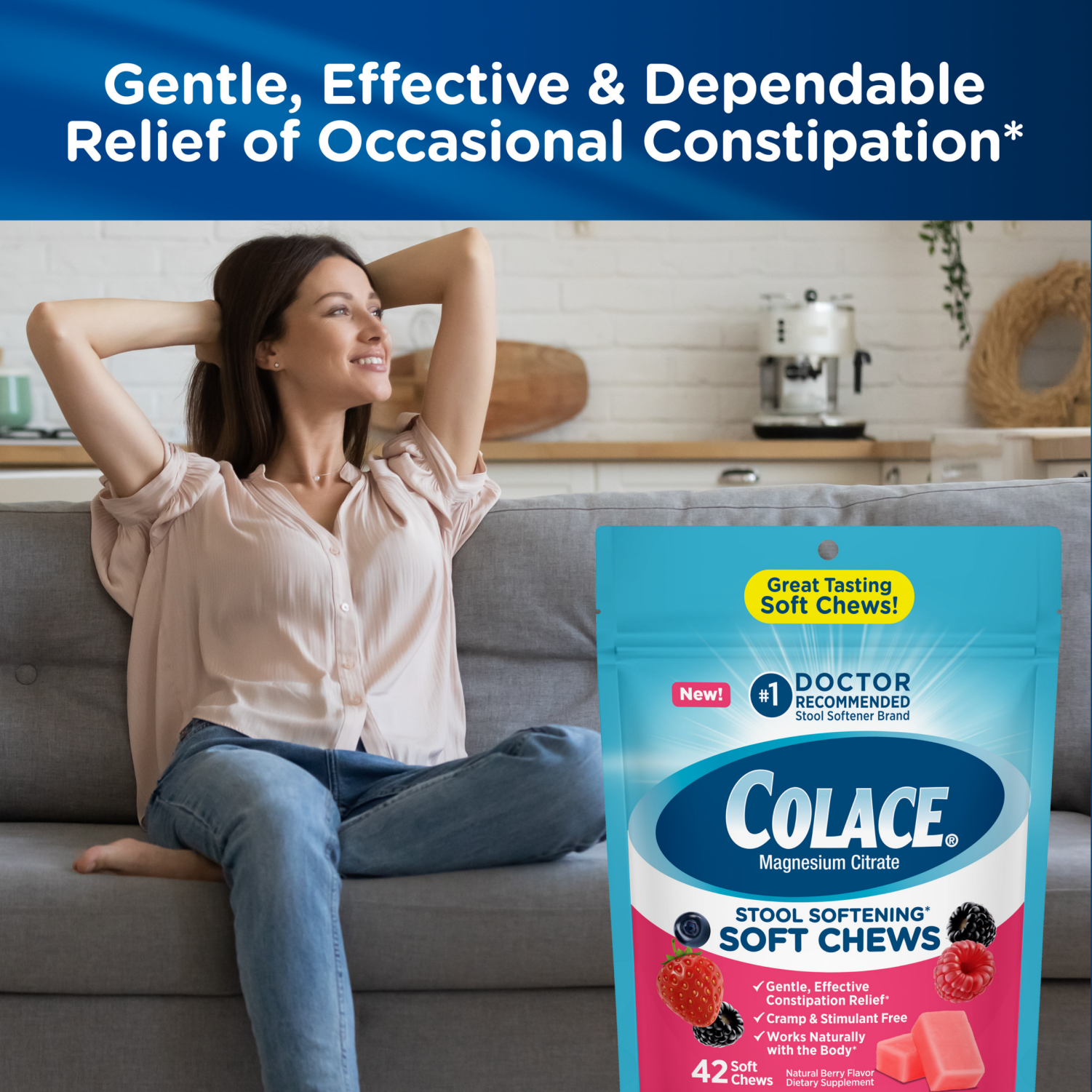 slide 4 of 6, Colace Stool Softening Soft Chews Berry, 42 ct