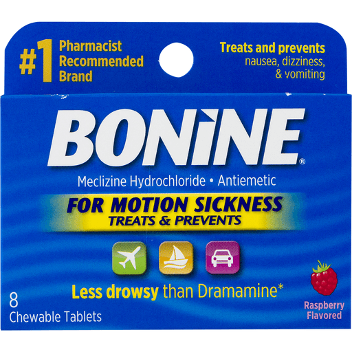 slide 4 of 8, Bonine Mecliizine Hydrochloride Antiemtic Chewable Tablets, Raspberry, 8 ct