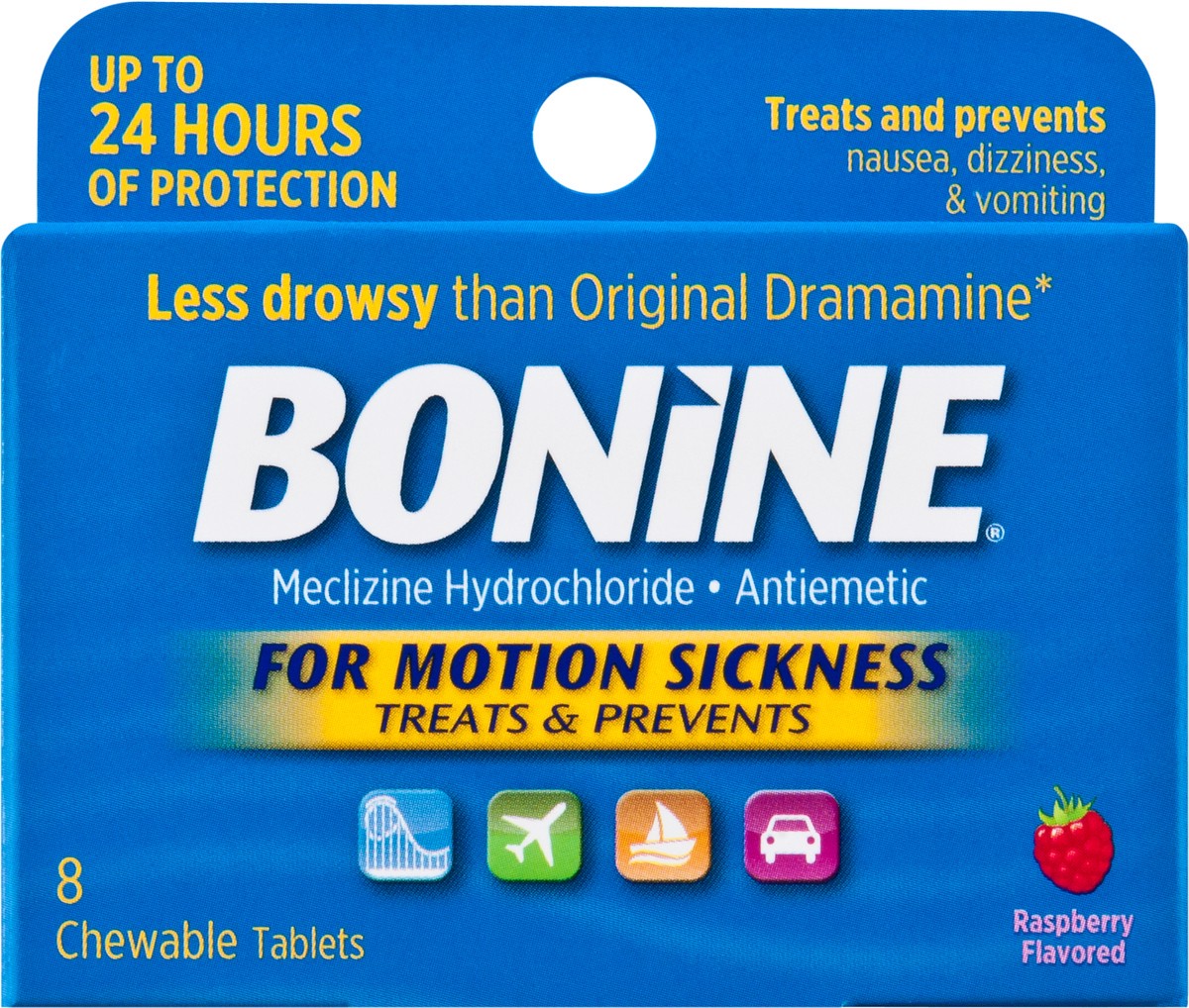 slide 3 of 7, Bonine Chewable Tablets Antiemetic Raspberry Flavored Meclizine Hydrochloride 8 ea, 8 ct