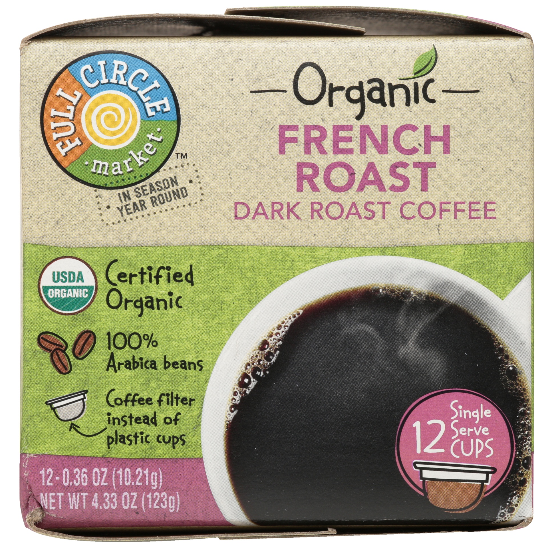 slide 5 of 6, Full Circle Market Dark French Roast 100% Arabica Coffee Single Serve Cups, 4.33 oz