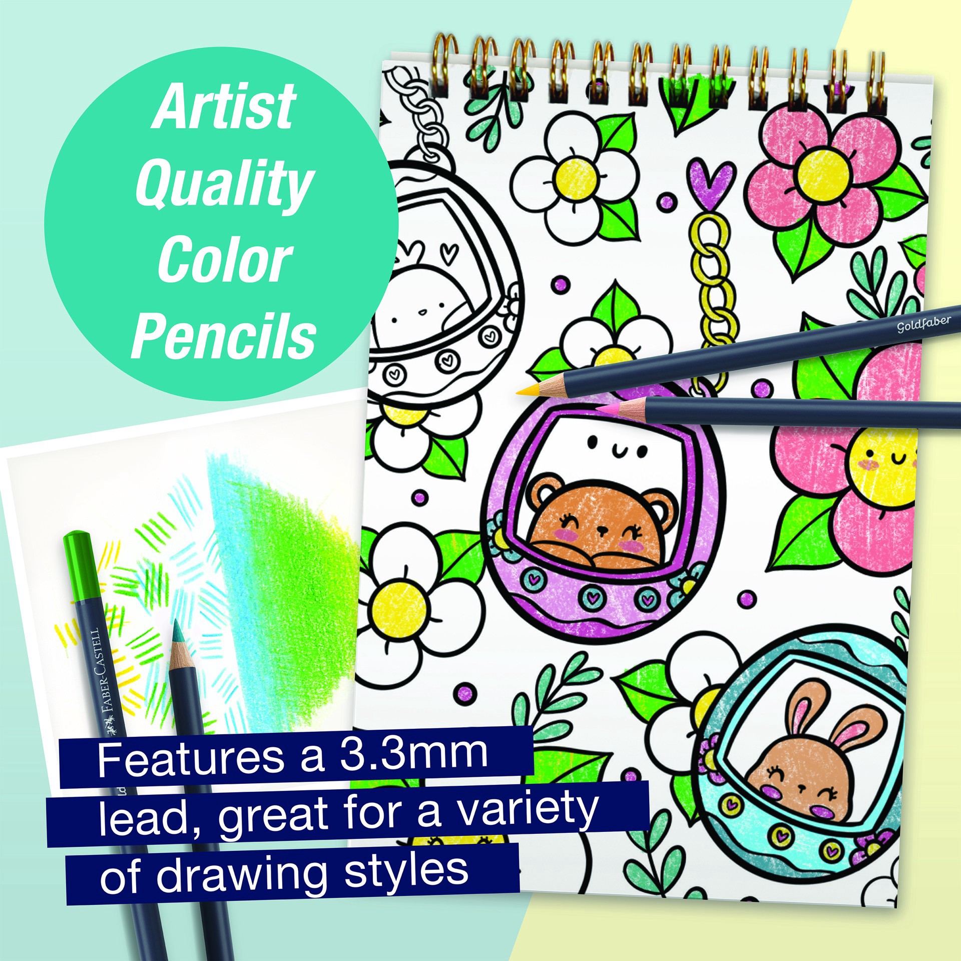 slide 5 of 6, Faber-Castell Kawaii World Learn To Draw Kit, 6 goldfaber color pencils