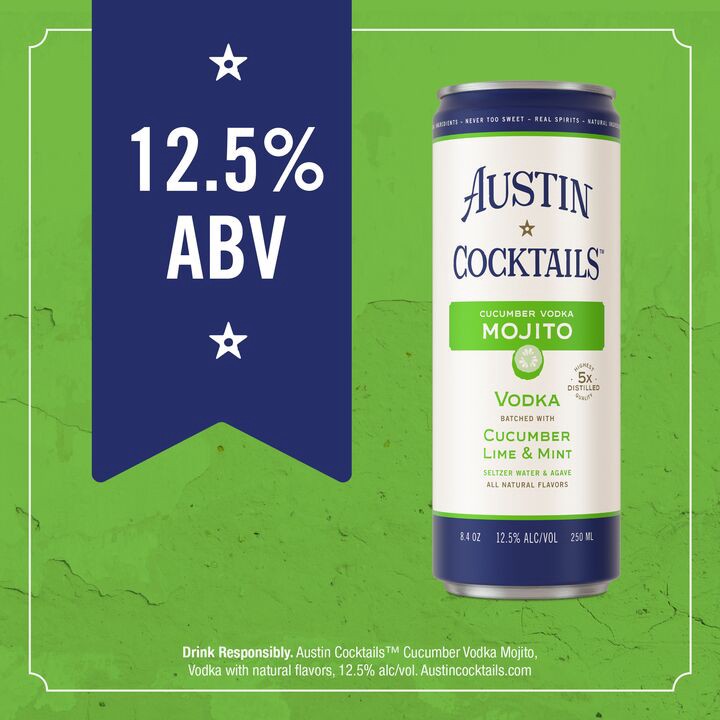 slide 4 of 5, Austin Cocktails Cucumber Vodka Sparkling Mojito Canned Cocktail, 4 pk 250ml Cans, 12.5% ABV, 33.81 fl oz