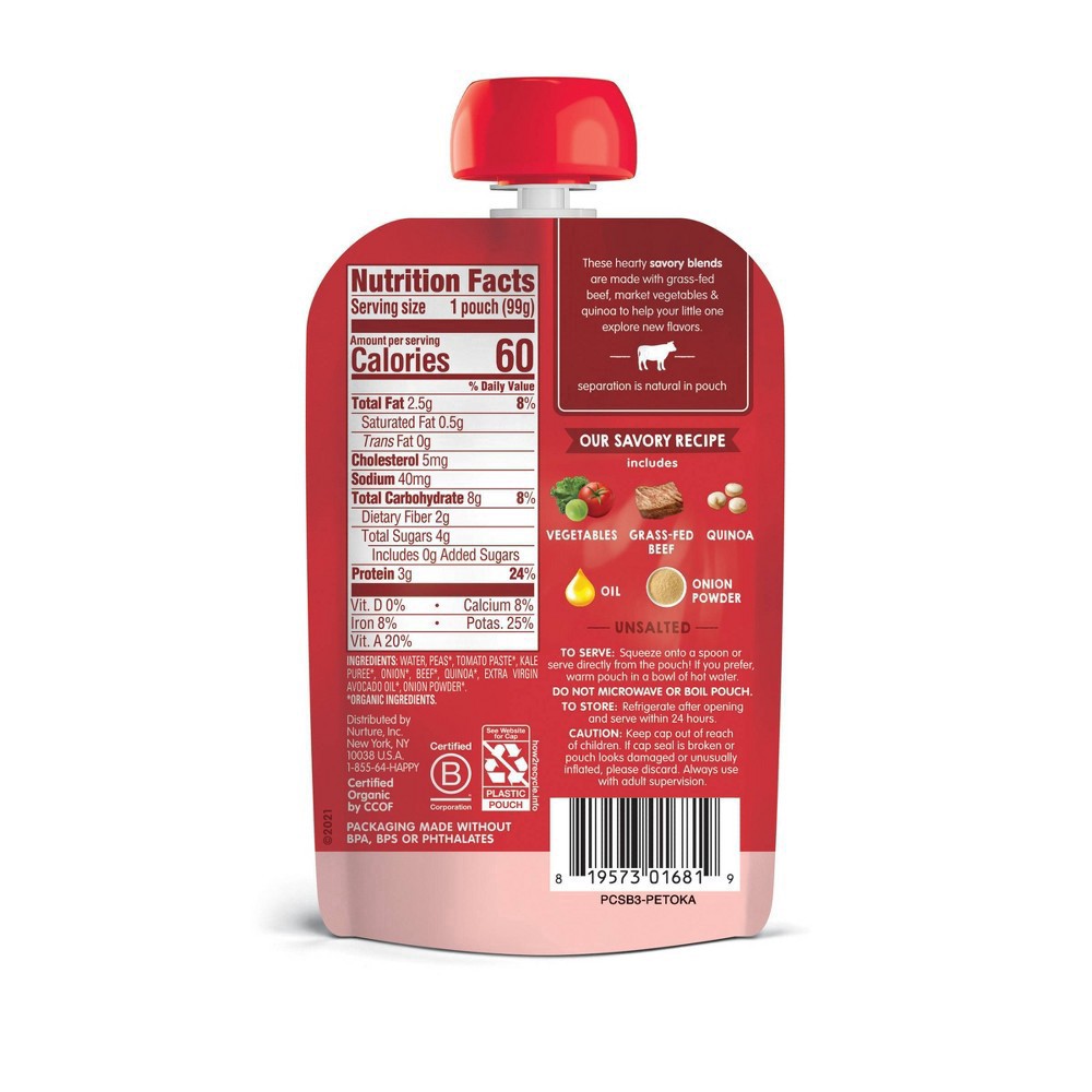 slide 3 of 3, Happy Baby Organics Savory Blends Stage 3 Baby Food Puree, Grass-Fed Beef, Market Vegetables & Quinoa Stew Pouch – 3.5 oz, 3.5 oz
