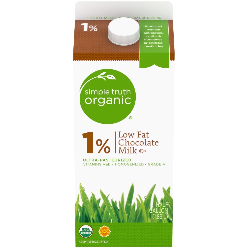 slide 1 of 1, Simple Truth Organic 1% Low Fat Chocolate Milk, 1/2 gal