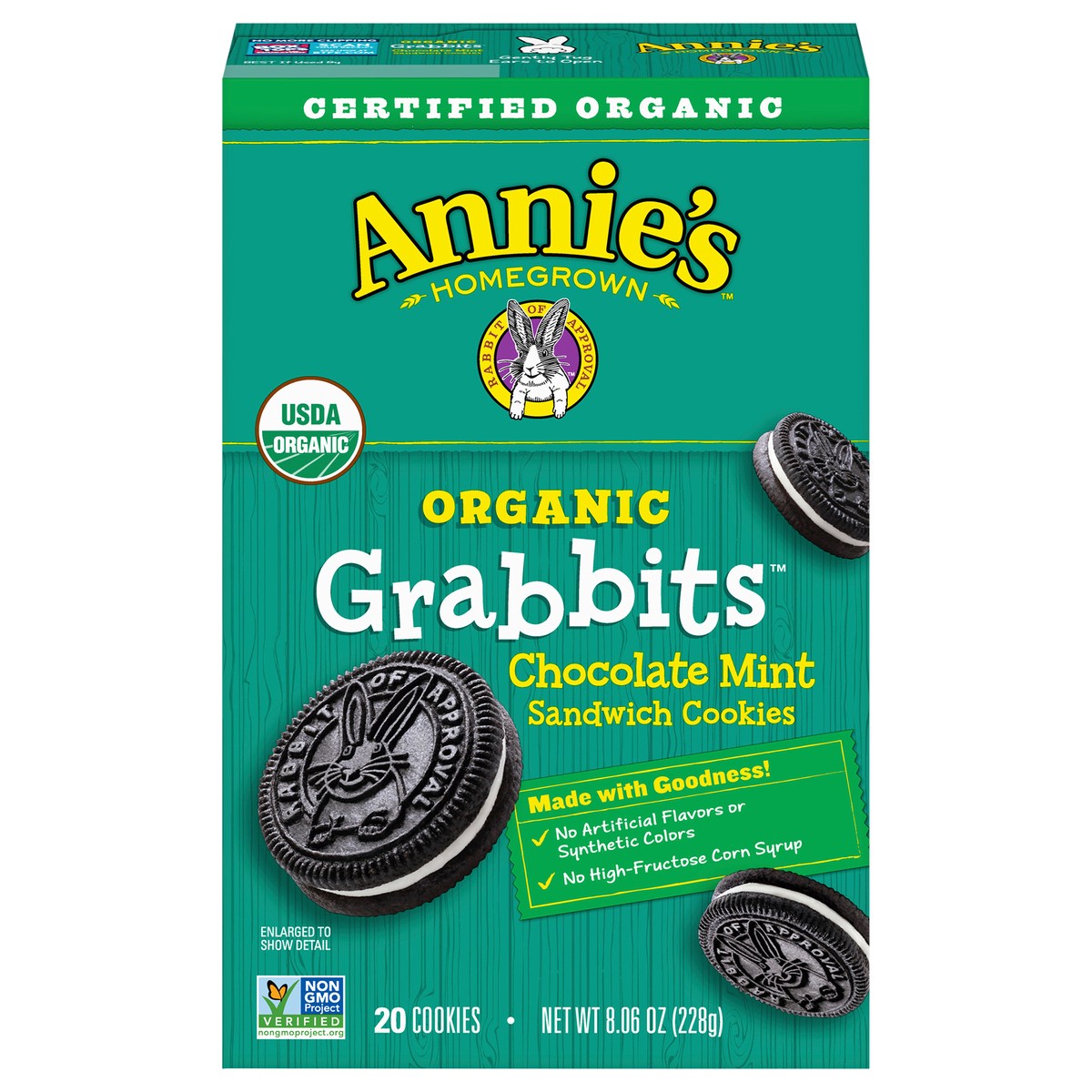 slide 1 of 13, Annie's Organic Grabbits Chocolate Mint Sandwich Cookies, 8.06 oz, 20 ct, 20 ct