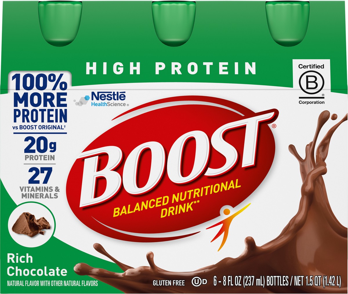 slide 2 of 9, Boost High Protein Nutritional Drink, Rich Chocolate, 20g Protein , 6 - 8 fl oz Bottles, 48 fl oz