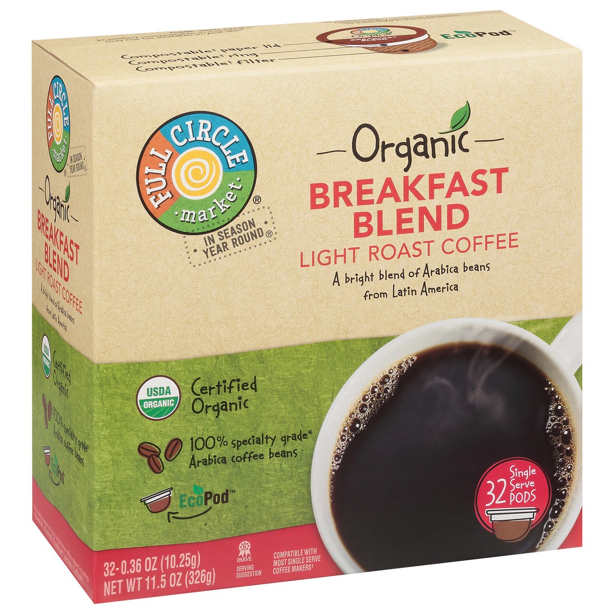 slide 4 of 9, Full Circle Market Single Serve Pods Light Roast Organic Breakfast Blend Coffee Pack - 32 ct, 32 ct
