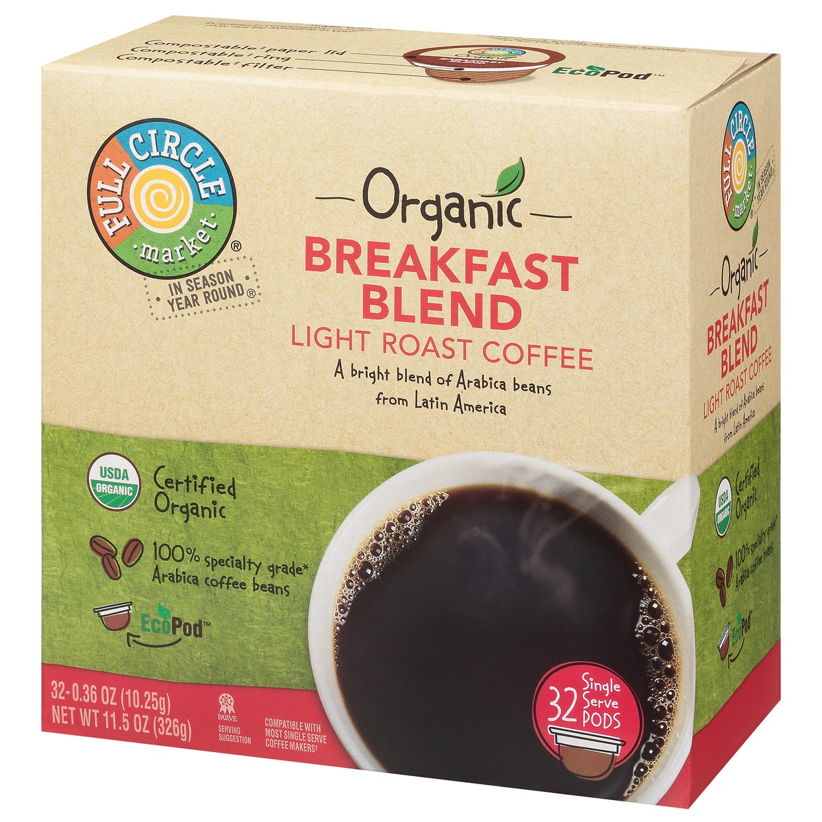 slide 9 of 9, Full Circle Market Single Serve Pods Light Roast Organic Breakfast Blend Coffee Pack - 32 ct, 32 ct