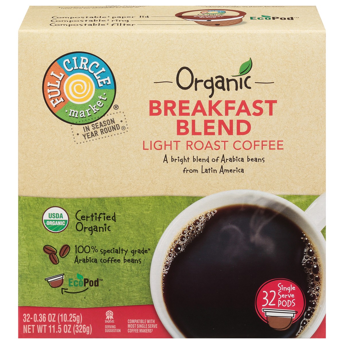 slide 1 of 9, Full Circle Market Single Serve Pods Light Roast Organic Breakfast Blend Coffee Pack - 32 ct, 32 ct