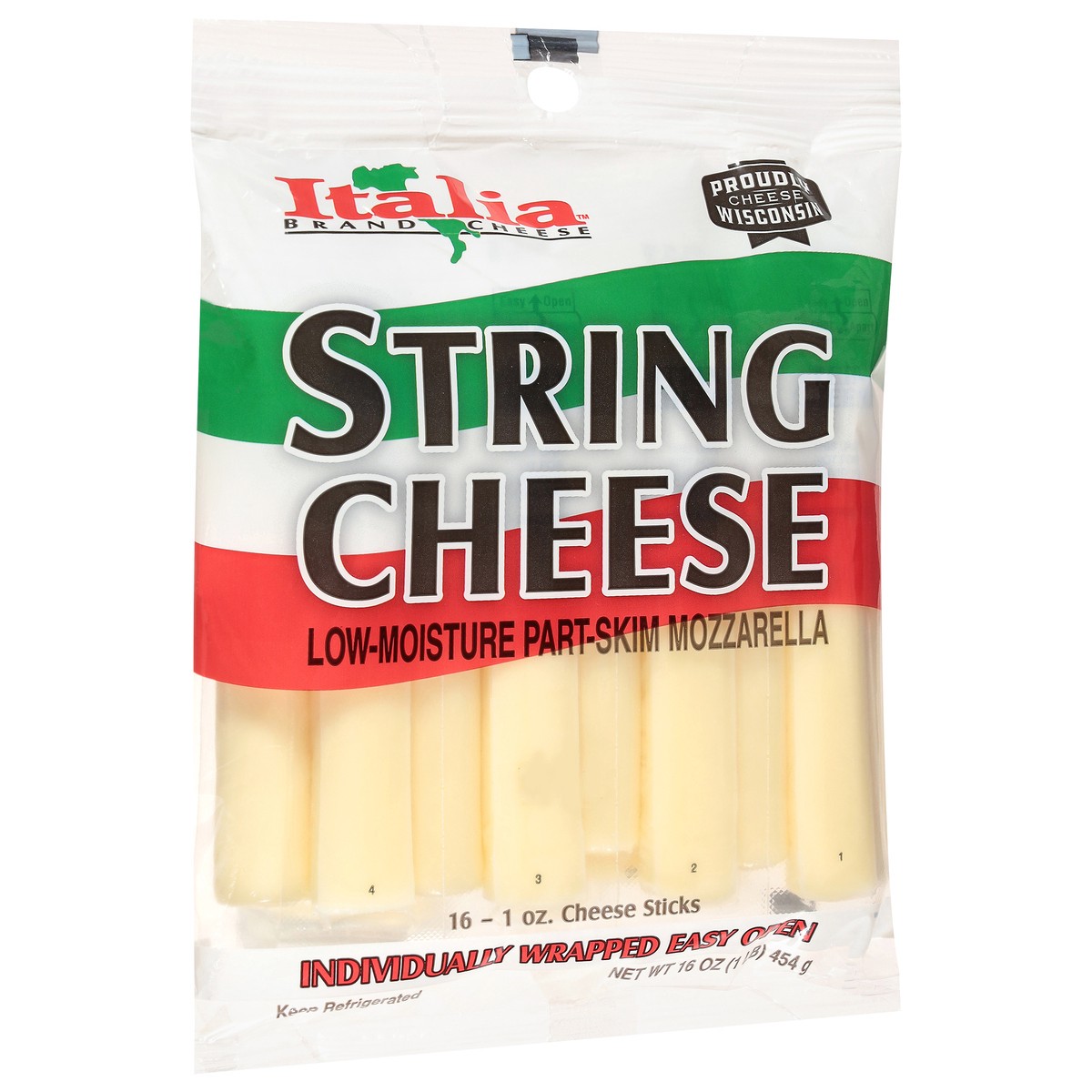 slide 4 of 4, Italia Brand Cheese Low-Moisture Part Skim Mozzarella String Cheese 16 - 1 oz Sticks, 16 oz