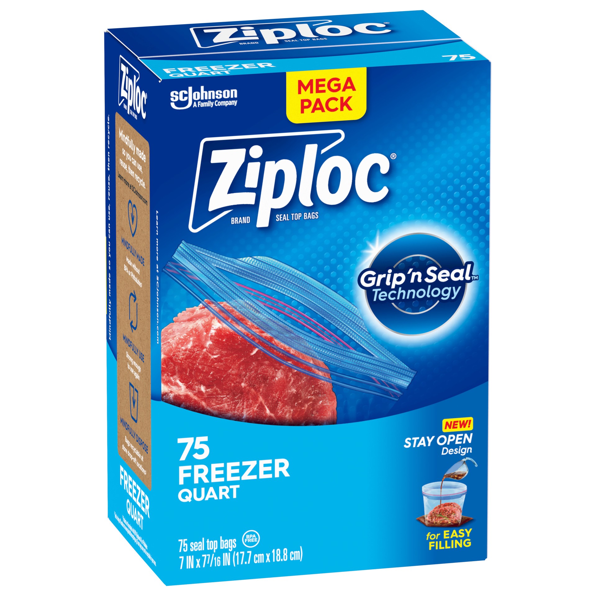 slide 2 of 5, Ziploc Quart Freezer Seal Top Bags 75 ea, 75 ct