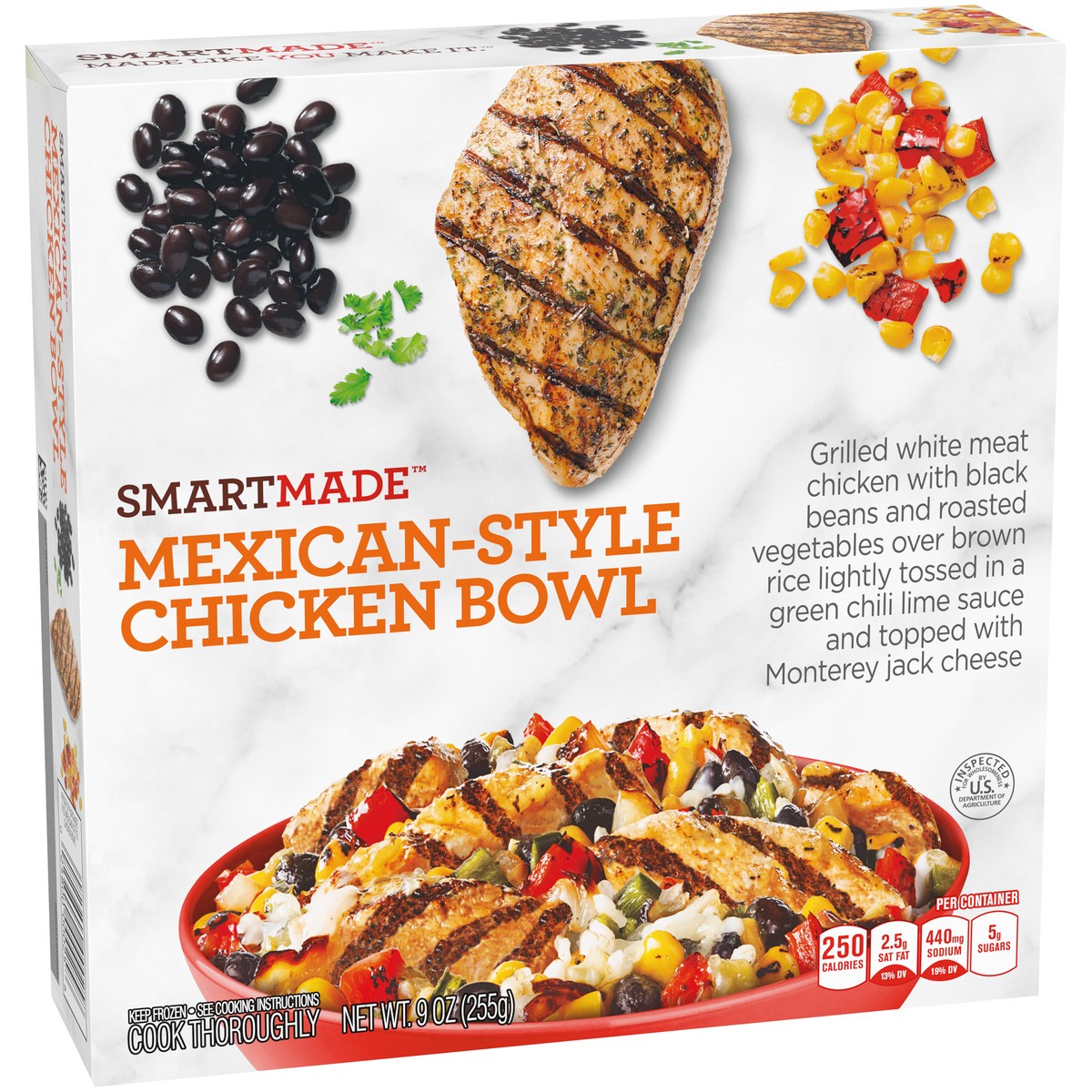 slide 8 of 9, Smart Made Mexican-Style Chicken Bowl with Black Beans, Vegetables, Brown Rice, Jack Cheese & Green Chile Lime Sauce Frozen Meal, 9 oz Box, 9 oz