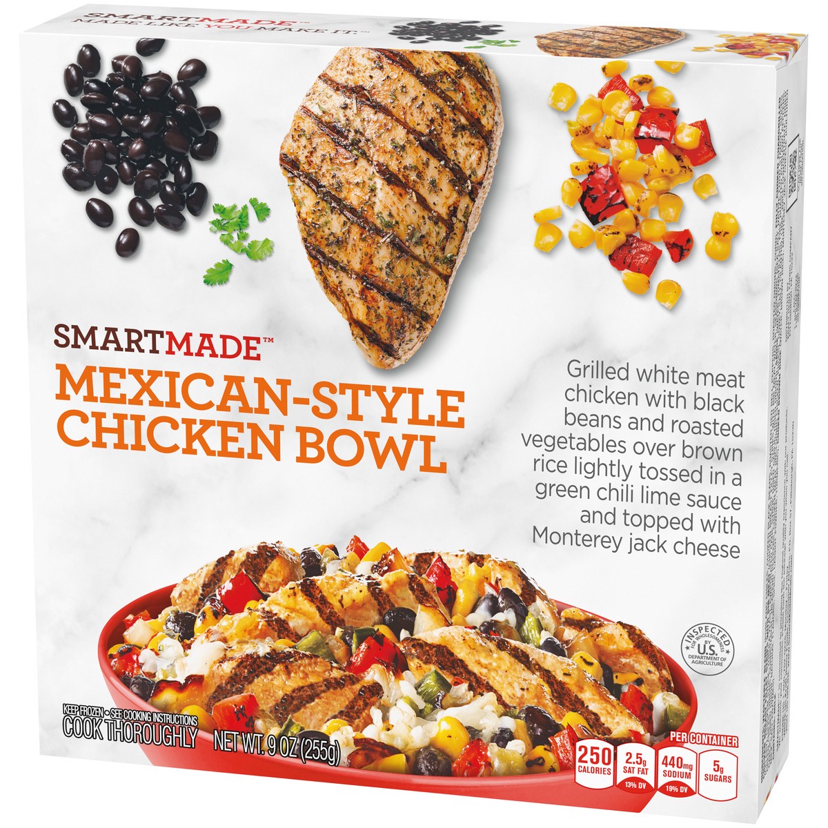 slide 5 of 9, Smart Made Mexican-Style Chicken Bowl with Black Beans, Vegetables, Brown Rice, Jack Cheese & Green Chile Lime Sauce Frozen Meal, 9 oz Box, 9 oz