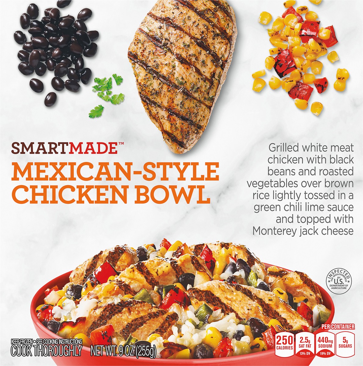 slide 9 of 9, Smart Made Mexican-Style Chicken Bowl with Black Beans, Vegetables, Brown Rice, Jack Cheese & Green Chile Lime Sauce Frozen Meal, 9 oz Box, 9 oz