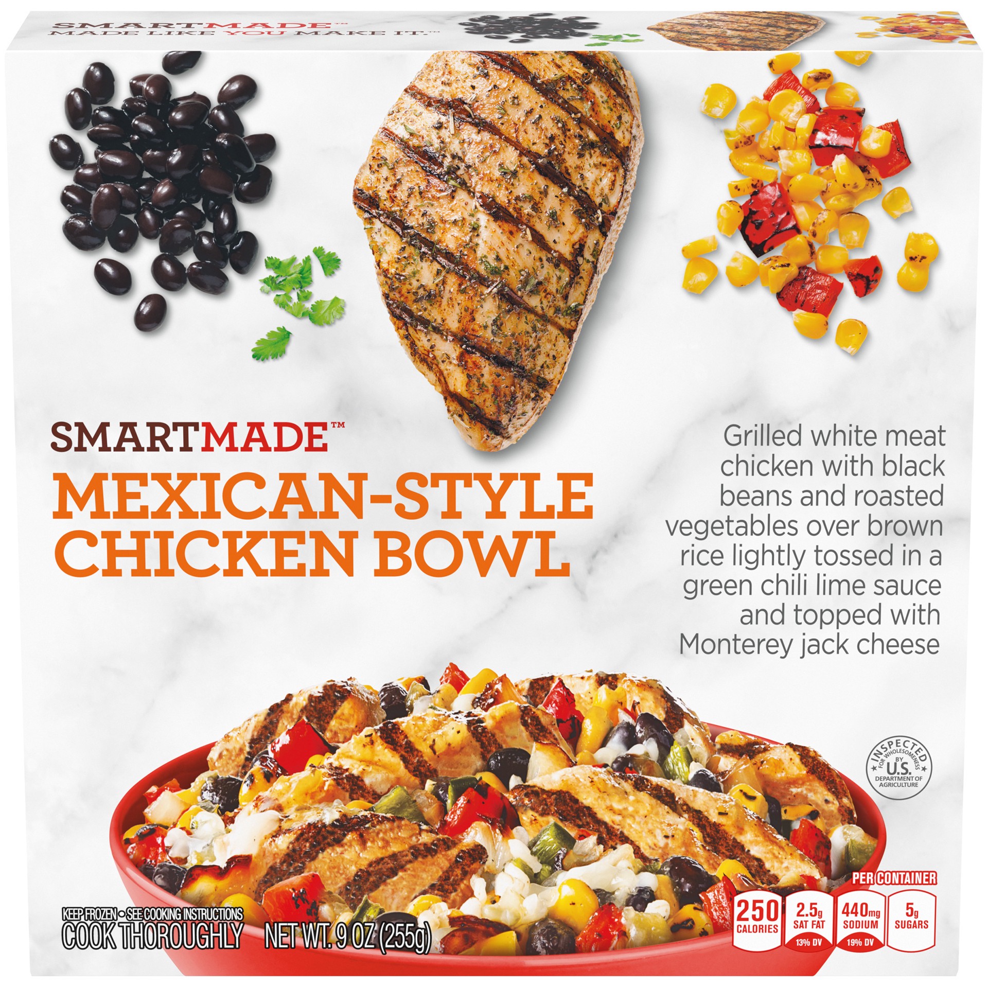 slide 1 of 9, Smart Made Mexican-Style Chicken Bowl with Black Beans, Vegetables, Brown Rice, Jack Cheese & Green Chile Lime Sauce Frozen Meal, 9 oz Box, 9 oz