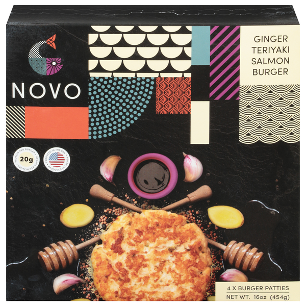 slide 1 of 1, Novo Farmed Ginger Teriyaki Atlantic Salmon Burger Patties - 4 ct Frozen, 4 ct; 16 oz