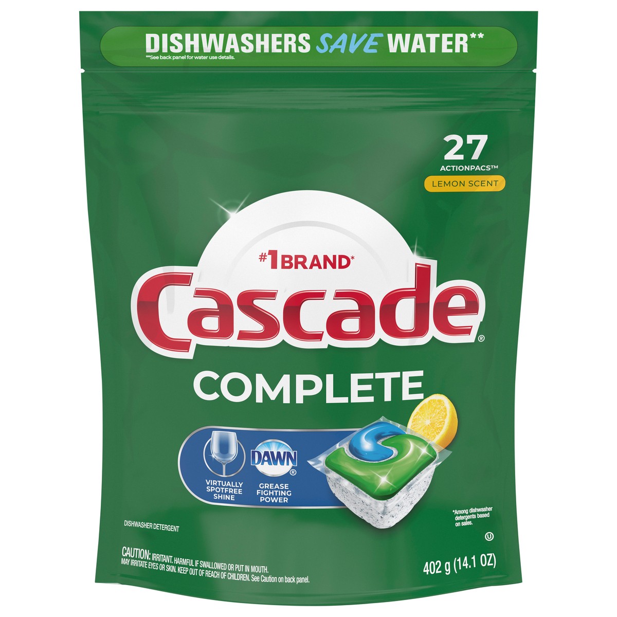 slide 1 of 3, Cascade Complete ActionPacs, Dishwasher Detergent Pods, Lemon, 27 Count, 27 ct