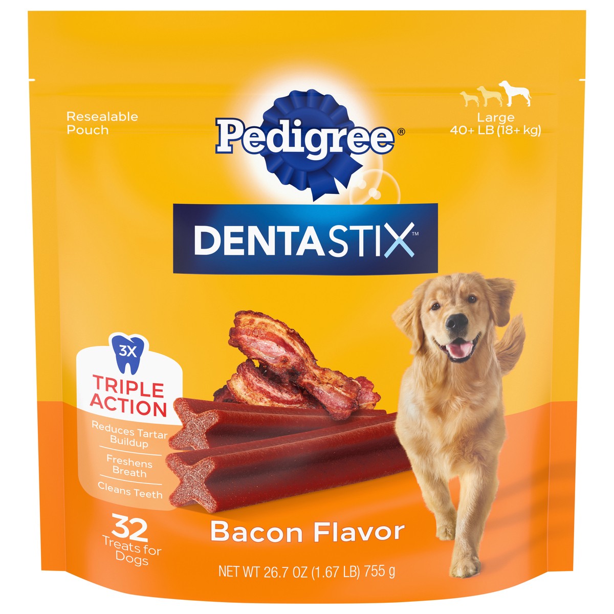 slide 1 of 4, Dentastix Large 40+ Lb (18+ kg) Bacon Flavor Treats for Dogs 32 ea, 32 ct