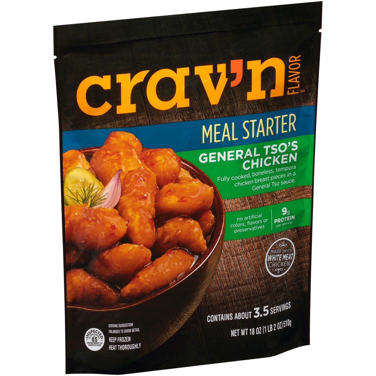 slide 2 of 10, Crav'n Flavor General Tso'S Chicken Fully Cooked, Boneless, Tempura Chicken Breast Pieces In A General Tso Sauce Meal Starter, 18 oz