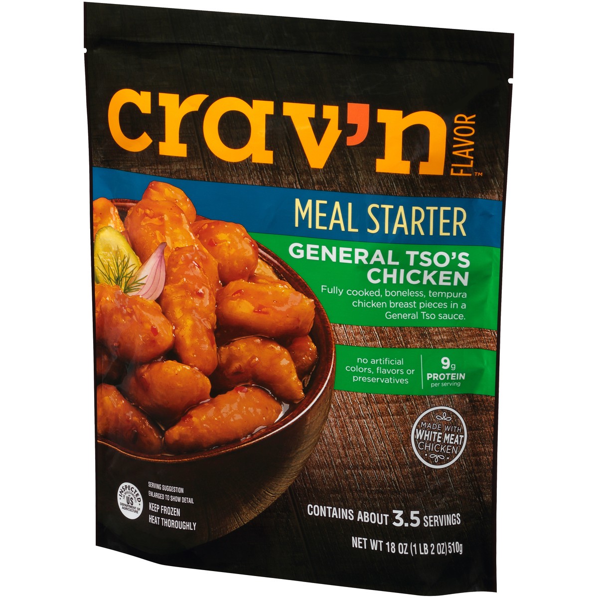 slide 3 of 10, Crav'n Flavor General Tso'S Chicken Fully Cooked, Boneless, Tempura Chicken Breast Pieces In A General Tso Sauce Meal Starter, 18 oz