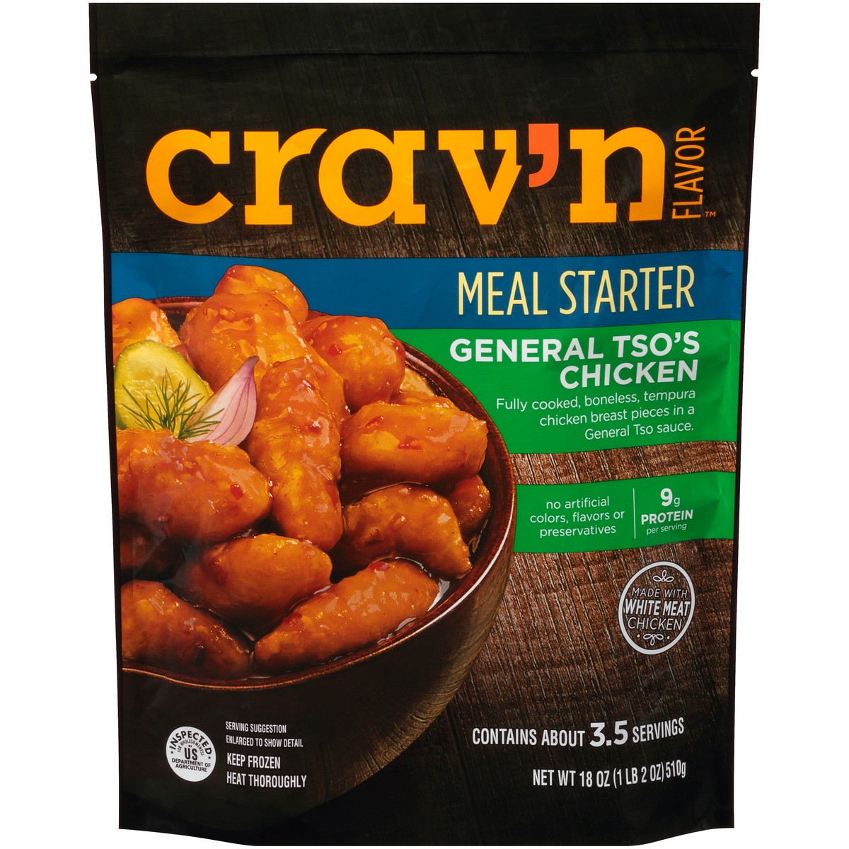 slide 1 of 10, Crav'n Flavor General Tso'S Chicken Fully Cooked, Boneless, Tempura Chicken Breast Pieces In A General Tso Sauce Meal Starter, 18 oz