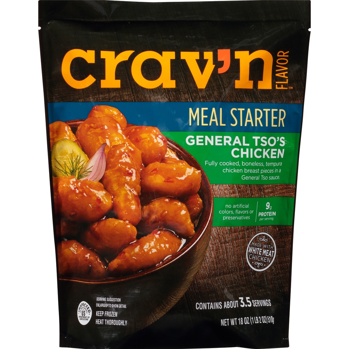 slide 9 of 10, Crav'n Flavor General Tso'S Chicken Fully Cooked, Boneless, Tempura Chicken Breast Pieces In A General Tso Sauce Meal Starter, 18 oz