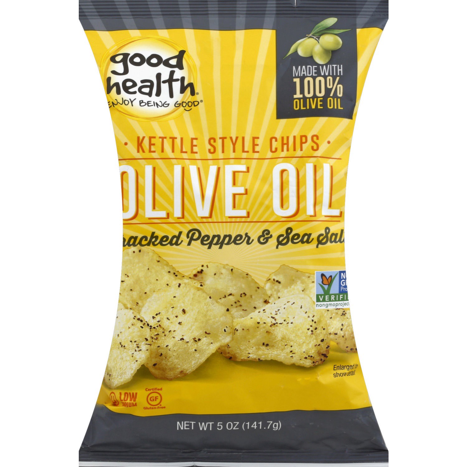 slide 1 of 1, Good Health Olive Oil Cracked Pepper & Sea Salt Kettle Style Chips, 5 oz