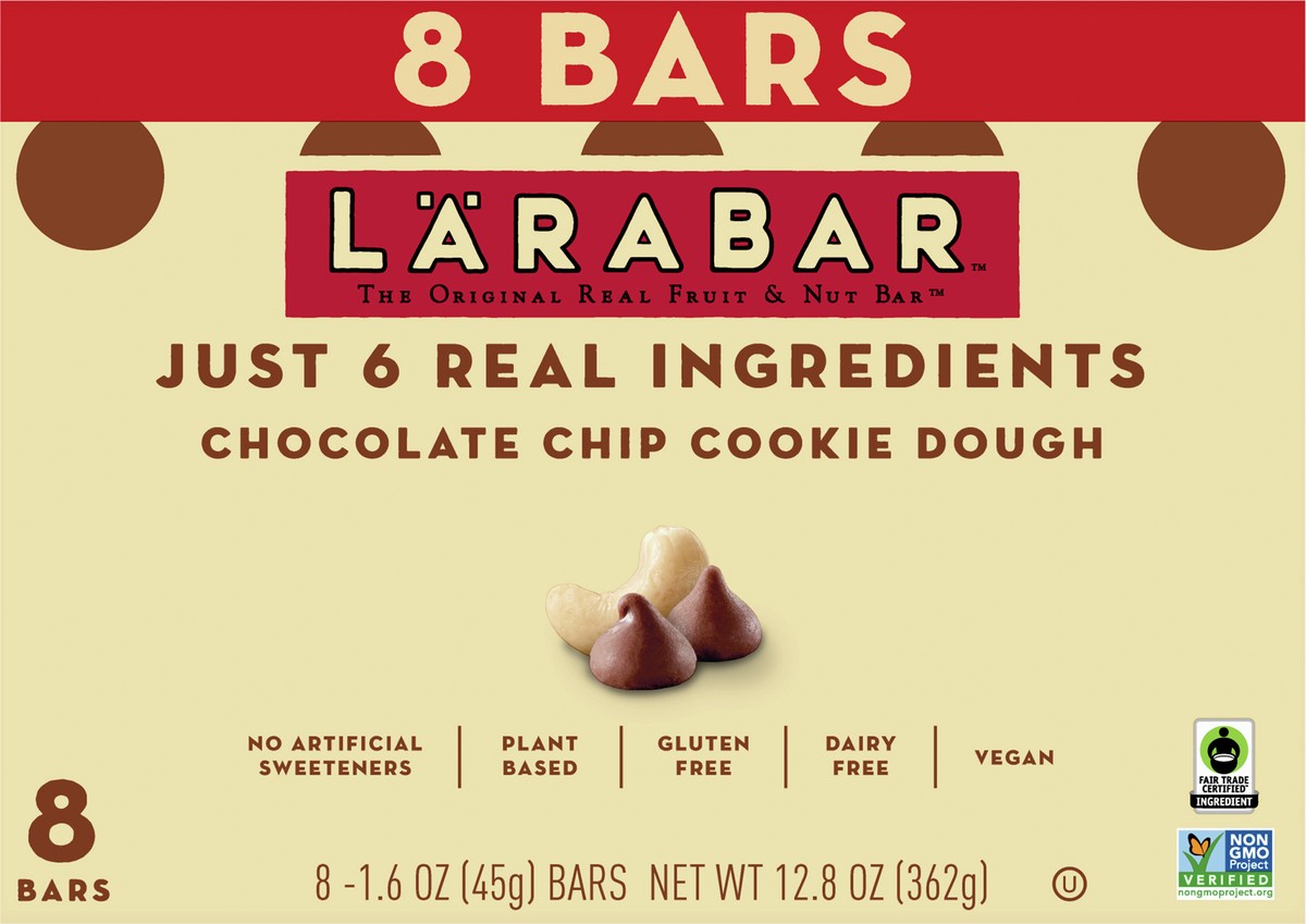 slide 4 of 9, LÄRABAR Chocolate Chip Cookie Dough, Gluten Free Fruit & Nut Bar, 8 Ct, 8 ct