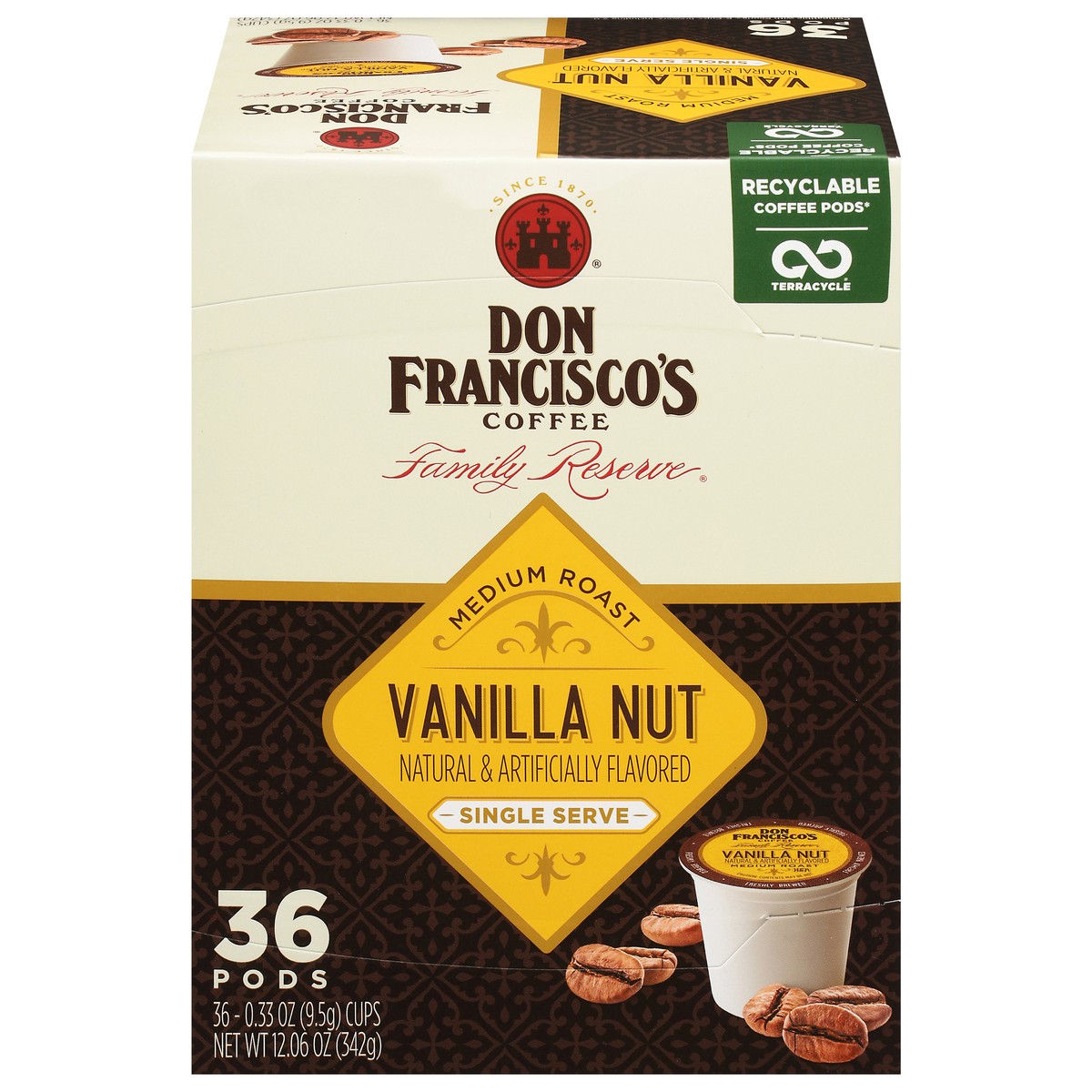 slide 1 of 14, Don Francisco's Vanilla Nut Medium Roast Coffee Pods- Recyclable Single-Serve Coffee Pods - 11.88 oz, 11.88 oz